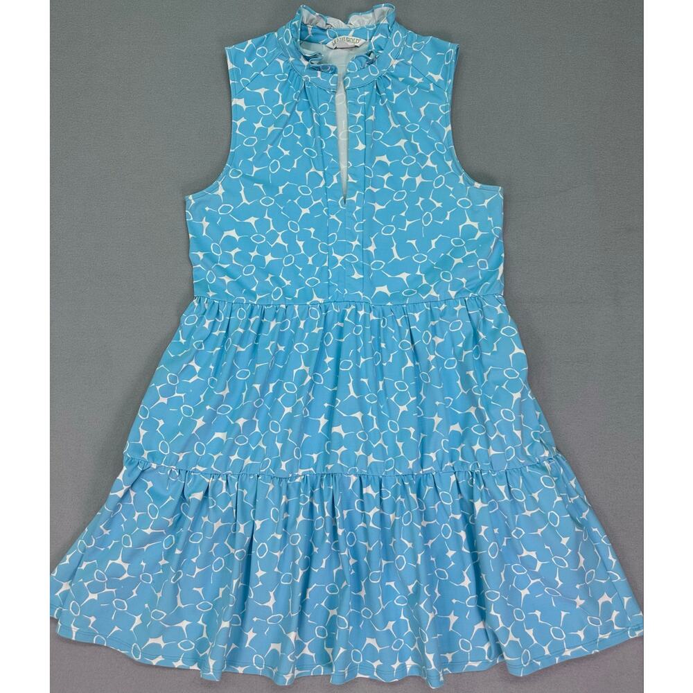 Mahi Gold Blue & White Geometric Tiered Dress Sleeveless Ruffle Neck Size Small - Picture 4 of 8